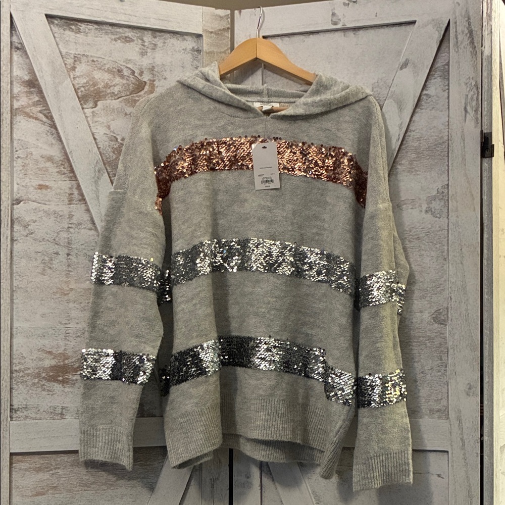 Nine West Gray Sweater with Sequin Stripes